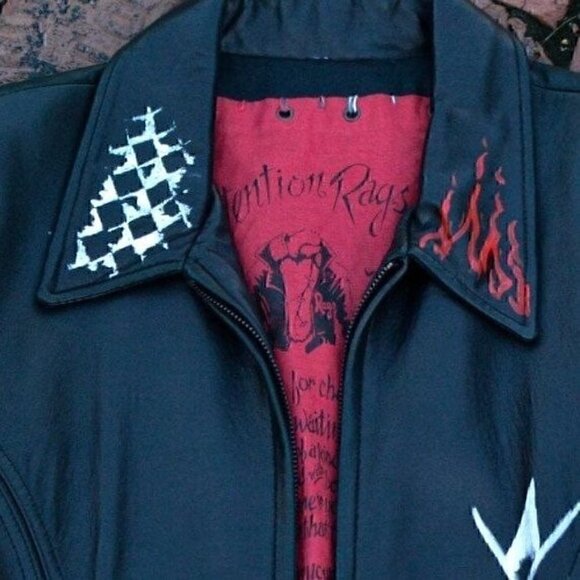 Vintage black leather, hip-length zip up jacket, hand painted retro, rose sz M - Picture 9 of 10